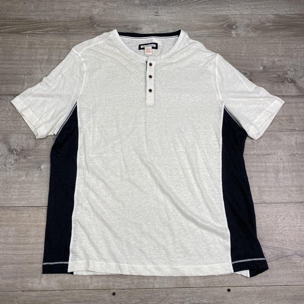 Carbon2cobalt Shirt Mens XL White Linen Short Sleeve Henley Navy‎ Panels Casual